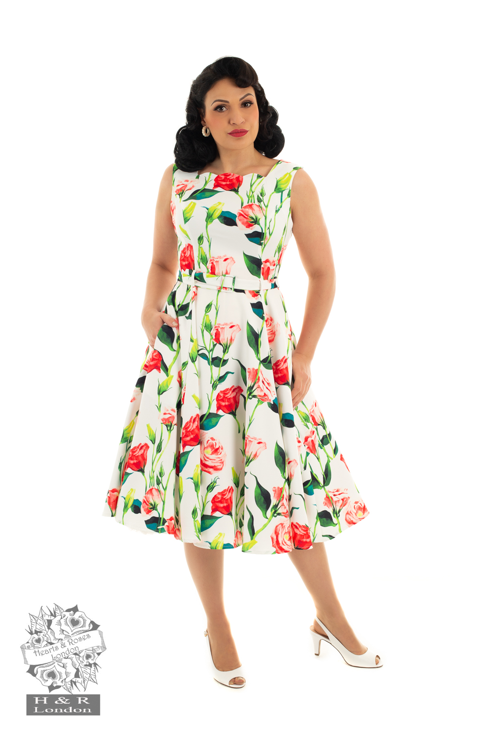 Edina Rose Swing Dress In White Hearts And Roses London